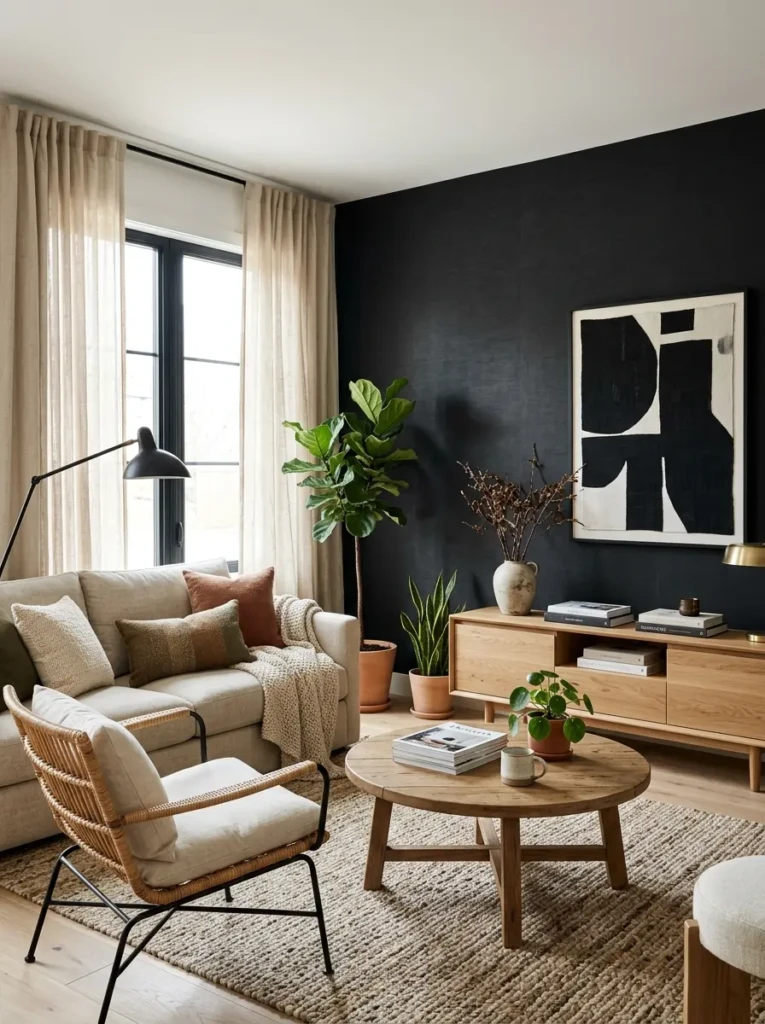 Sophisticated hallway featuring black wallpaper, brass wall sconces, gold mirror, and modern minimalist decor.