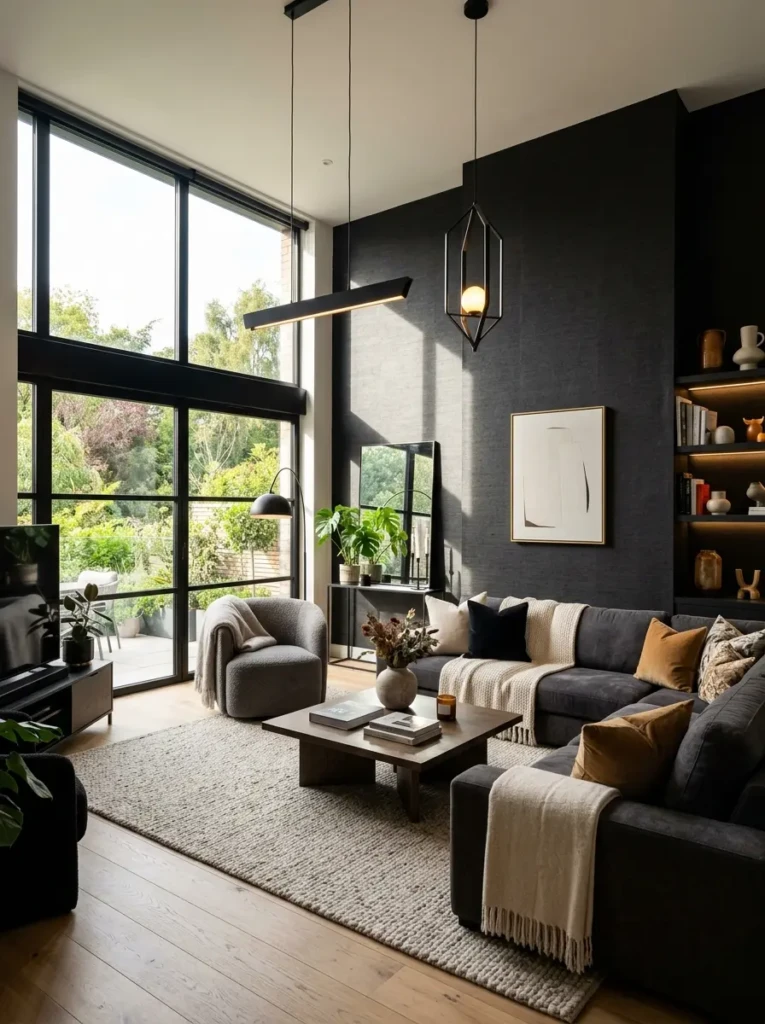 Clean and modern bedroom featuring black wallpaper, platform bed, floating furniture, and neutral decor.
