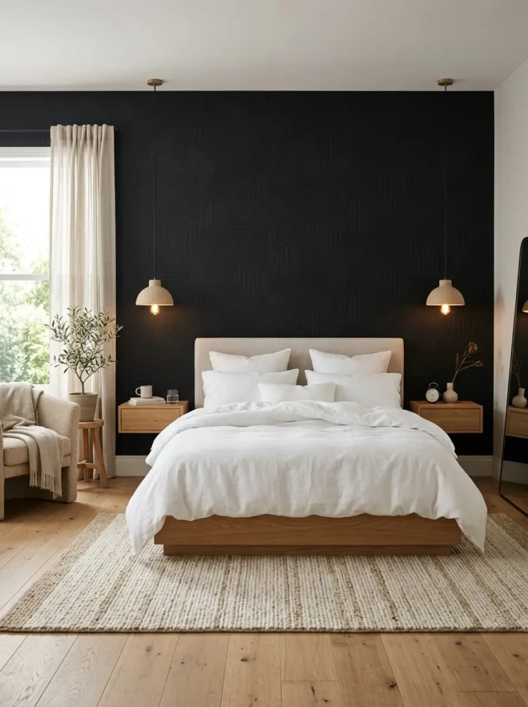 Stylish bedroom featuring a black minimalist wallpaper aesthetic with Japandi-inspired furniture and warm lighting.