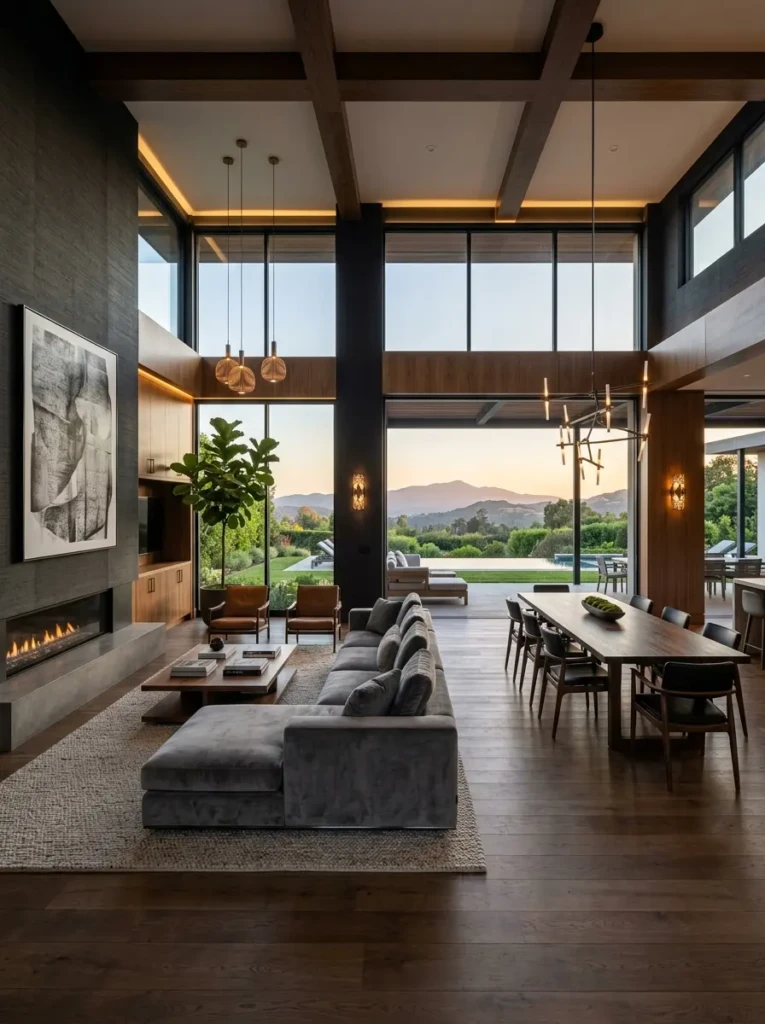 Luxury open-concept home showcasing black minimalist wallpaper, designer furniture, warm lighting, and timeless modern elegance.