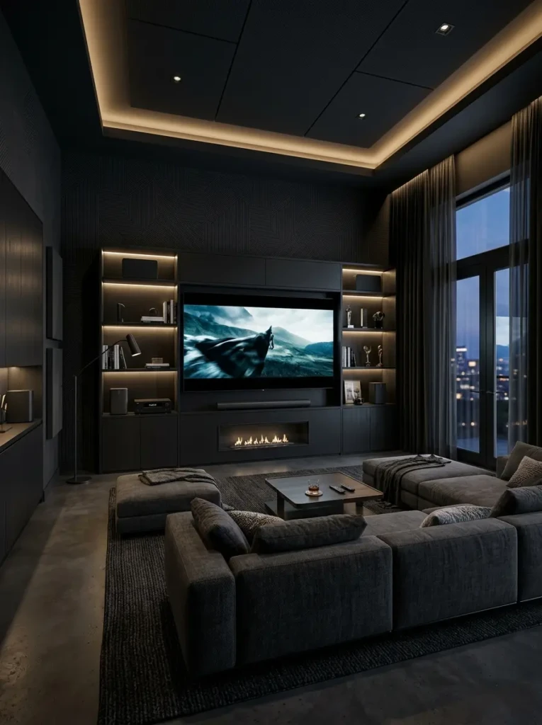 Luxury media room featuring black minimalist wallpaper dark with subtle textures and dramatic ambient lighting.