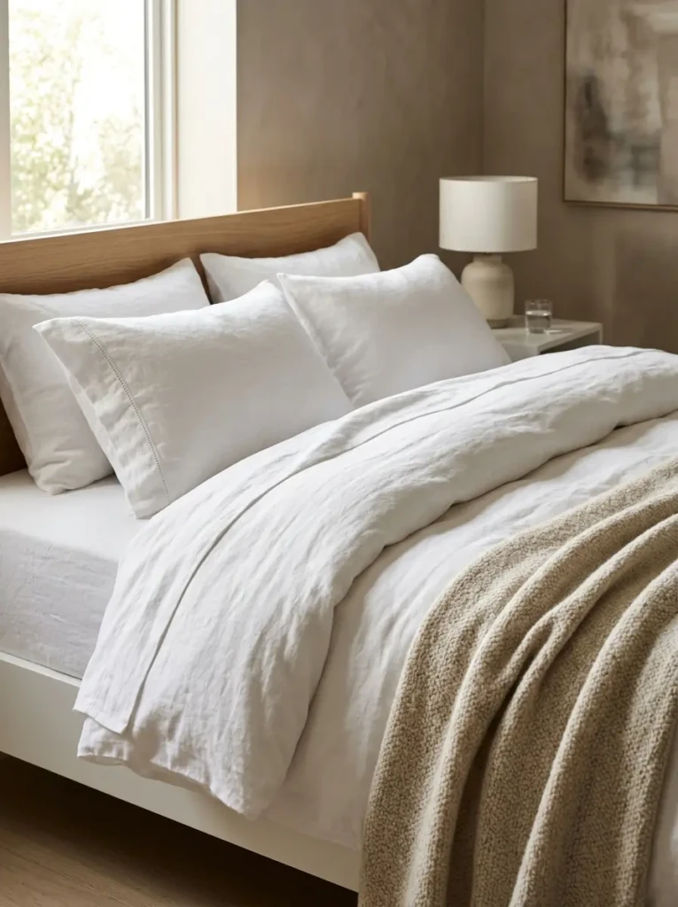 Cozy minimalist bedroom featuring layered linen bedding, knit throw blanket, textured rug, and warm natural wood furniture.
