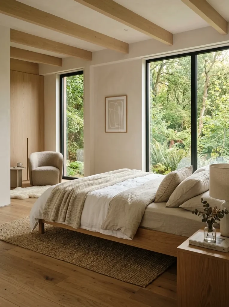 Luxury minimalist bedroom with a wooden platform bed, neutral color palette, layered linen bedding, and abundant natural light creating a calm retreat.