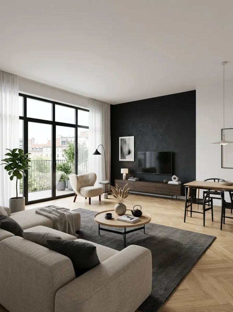 Modern interior showcasing timeless black minimalist wallpaper with clean lines and contemporary furnishings.