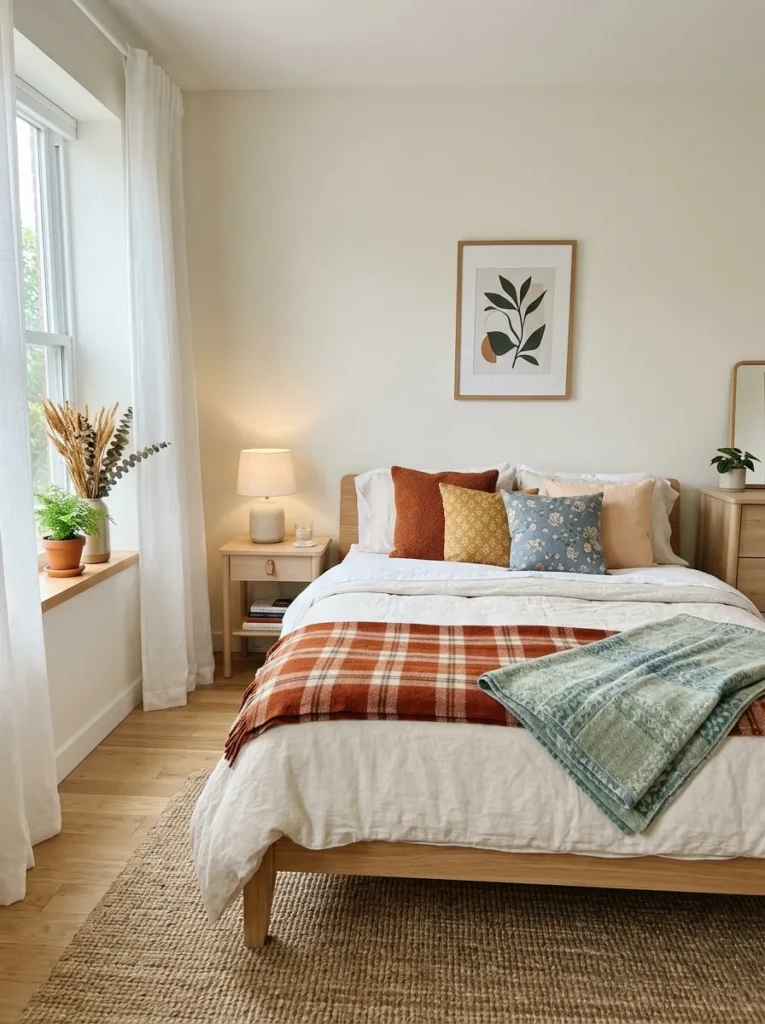 Minimalist bedroom updated with seasonal bedding and colorful decorative accents
