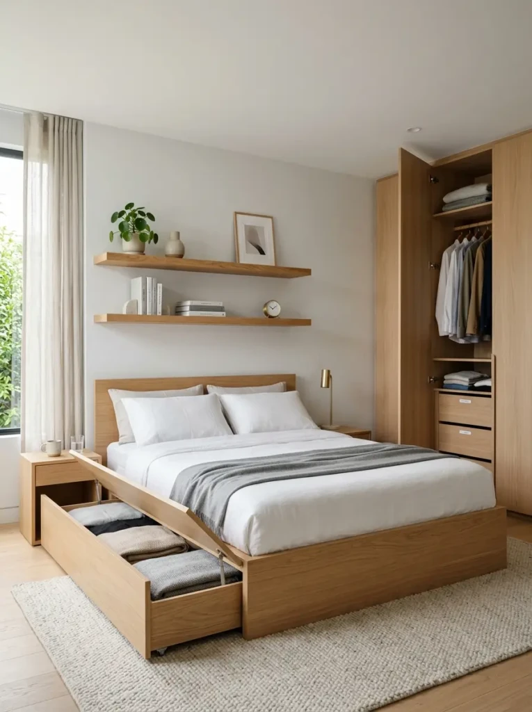 Organized colorful minimalist bedroom with hidden storage and floating shelves