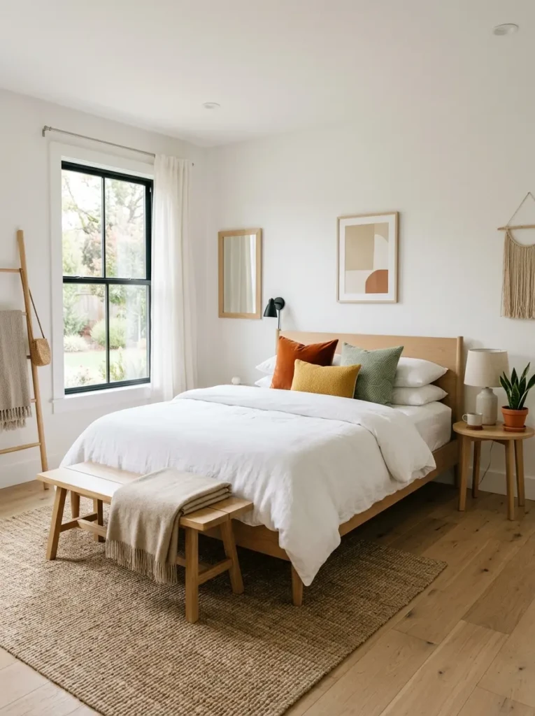 Minimalist bedroom with white walls, beige furniture, and colorful accent pillows