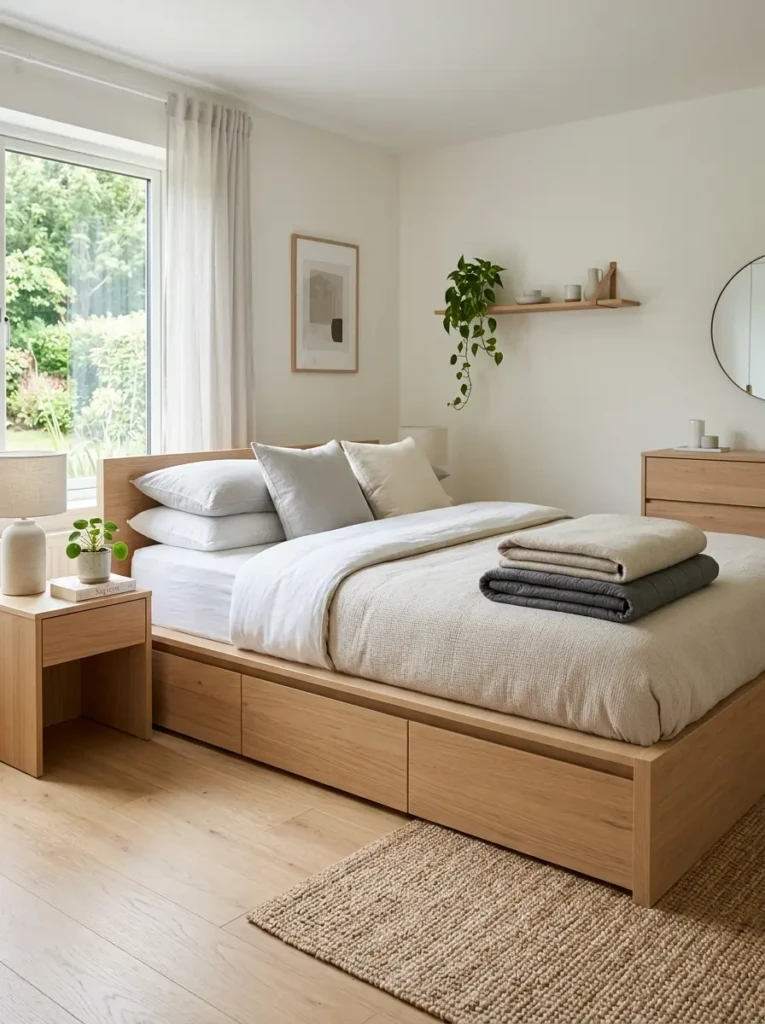 Peaceful minimalist bedroom featuring a single olive tree in a ceramic planter beside a natural wood bed with white bedding.