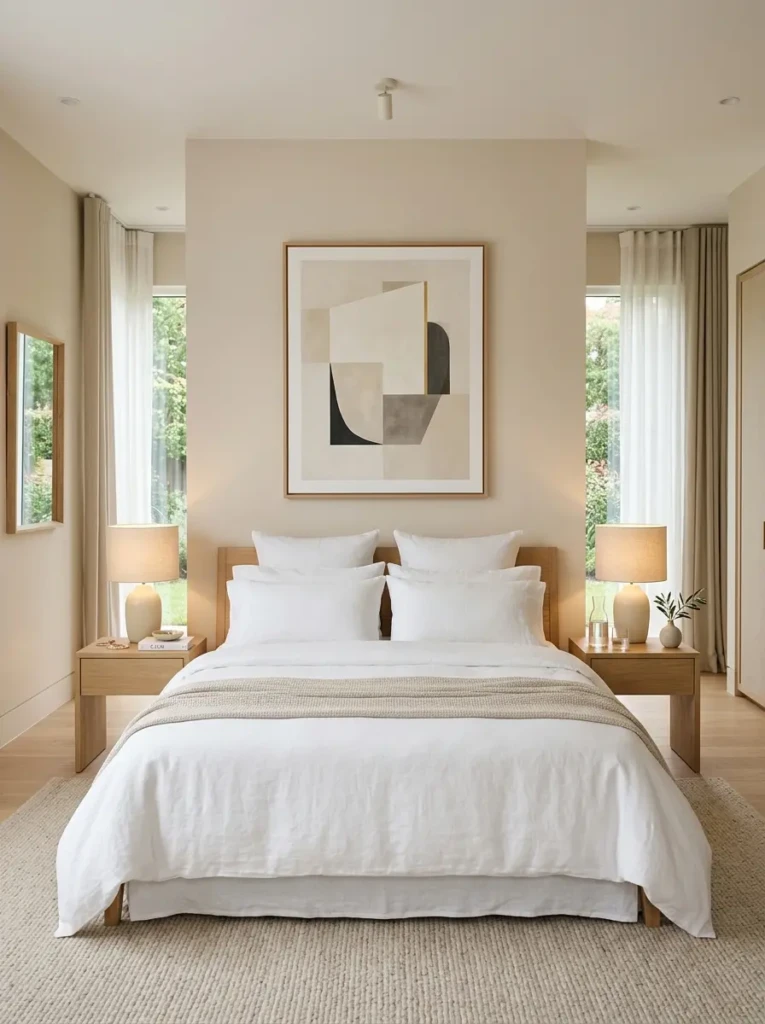 Modern minimalist bedroom featuring a platform bed with built-in storage drawers for a clean and organized interior.
