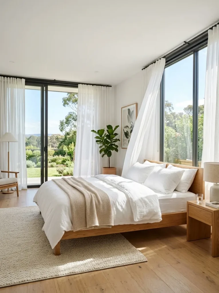 Minimalist bedroom decor featuring abstract wall art, ceramic vase, and carefully selected accessories that maintain a clutter-free space.