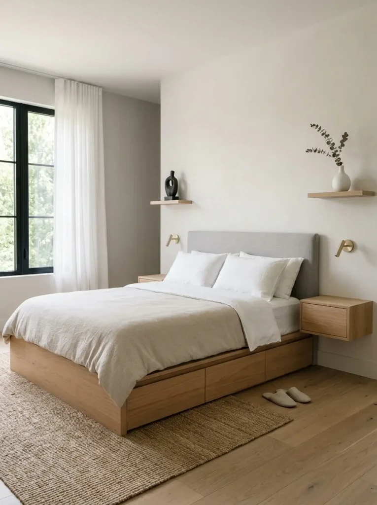 Colorful minimalist bedroom with neutral walls accented by sage green pillows, terracotta throw blanket, and modern artwork.