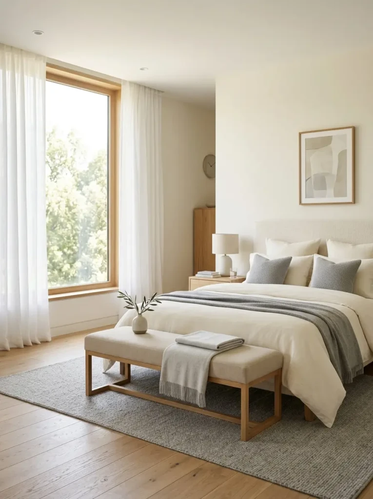 Modern minimalist bed frame in natural oak with crisp white bedding, floating nightstands, and clean Scandinavian-inspired bedroom styling.