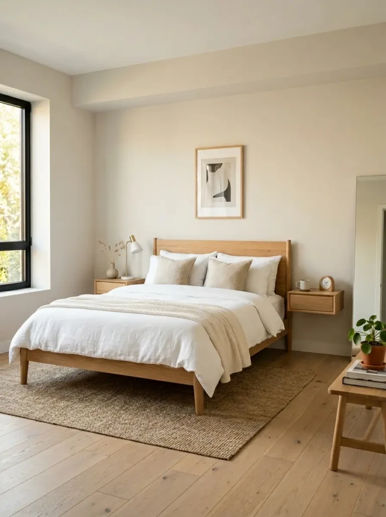 Bright minimalist bedroom featuring a natural wood platform bed with white linen bedding, neutral decor, and large windows creating a peaceful modern retreat.
