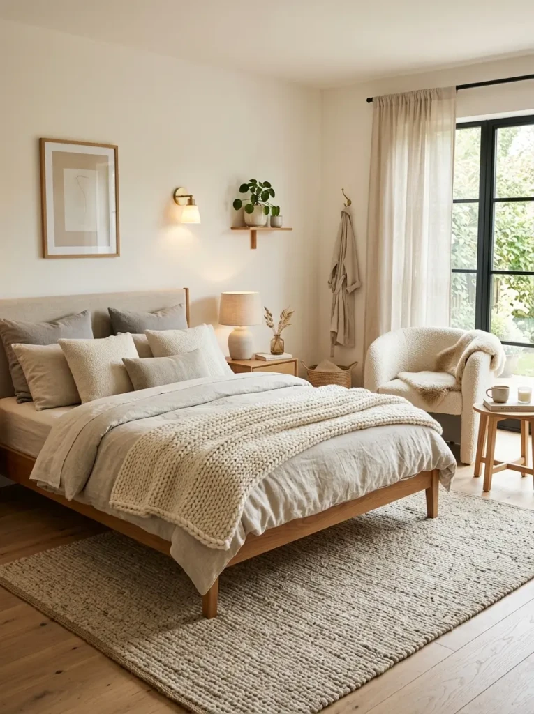 Minimalist bedroom decorated with soft beige, white, and gray tones creating a bright, relaxing, and timeless sleeping space.