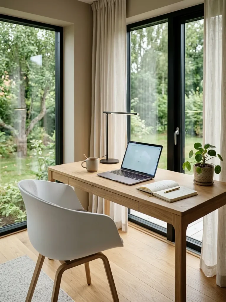 Bright minimalist desk in a clean home office with natural wood furniture and neutral decor