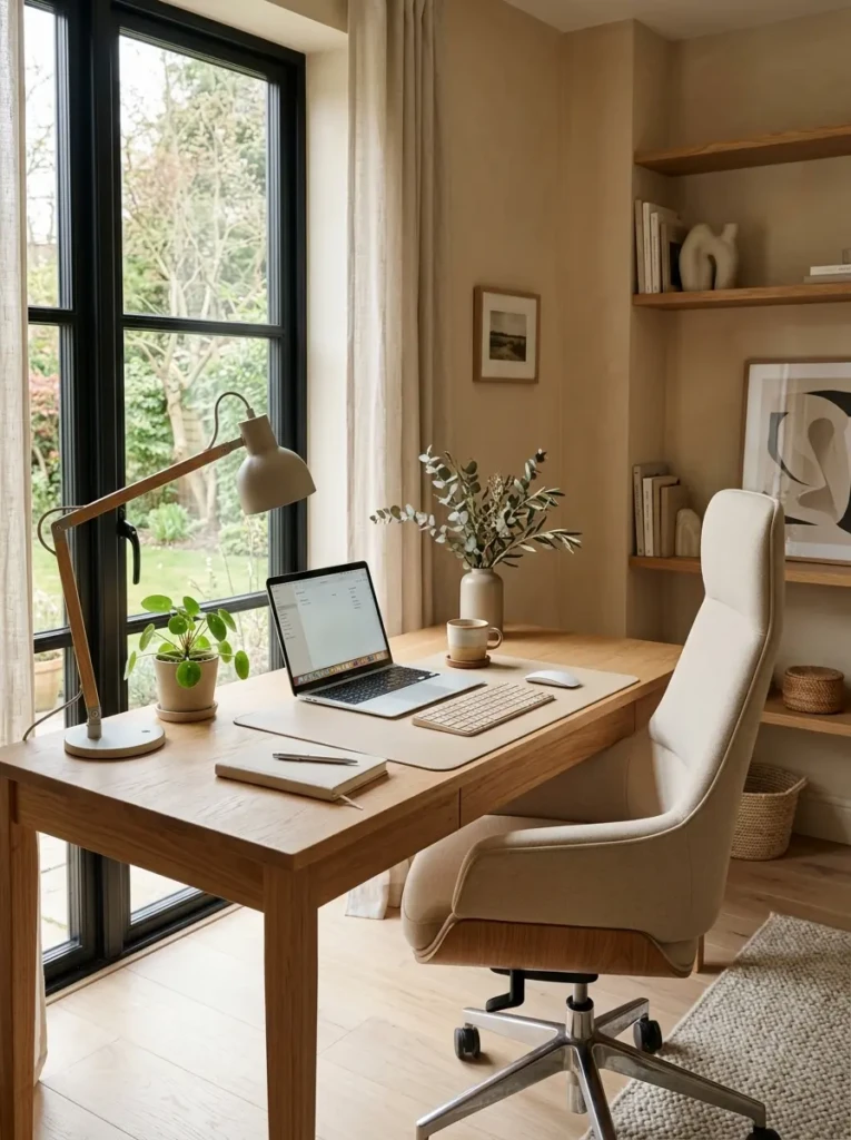 Luxury minimalist desk setup with beige decor, wooden furniture, and Scandinavian office design