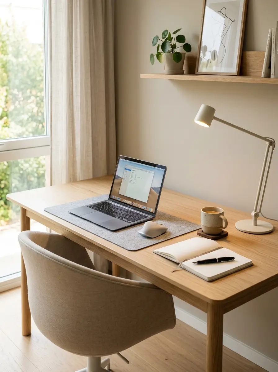 Minimalist desk near a large window with natural light and modern desk lamp