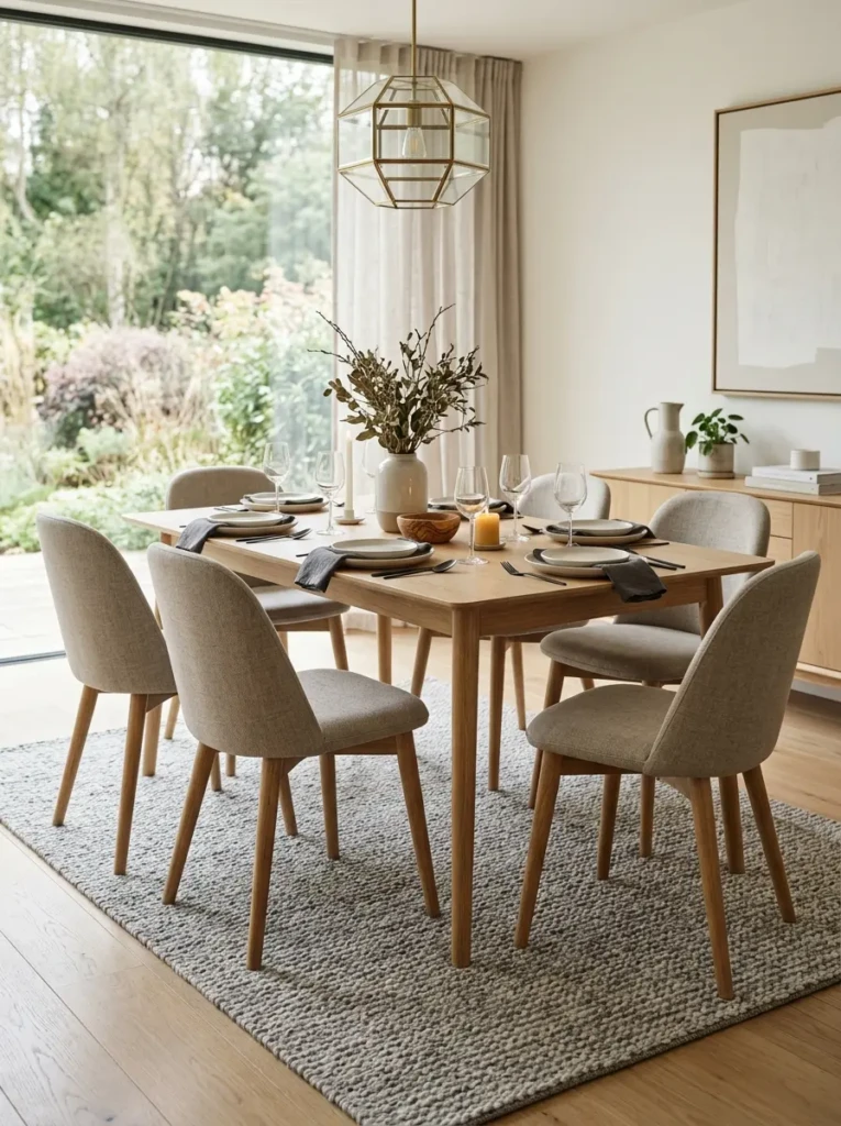 Neutral upholstered minimalist dining chairs paired with a modern wooden dining table
