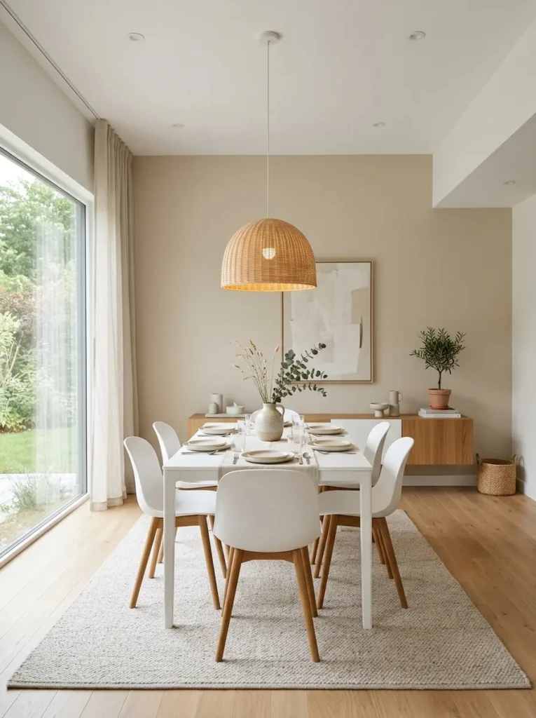 Minimalist dining room featuring beige walls, white furniture, and warm wood accents