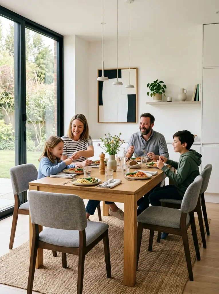 Practical minimalist dining room with comfortable seating and organized decor