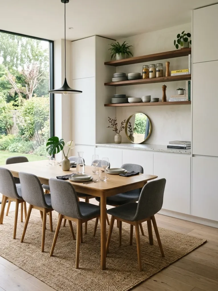 Organized minimalist dining room with sleek sideboard and hidden storage solutions
