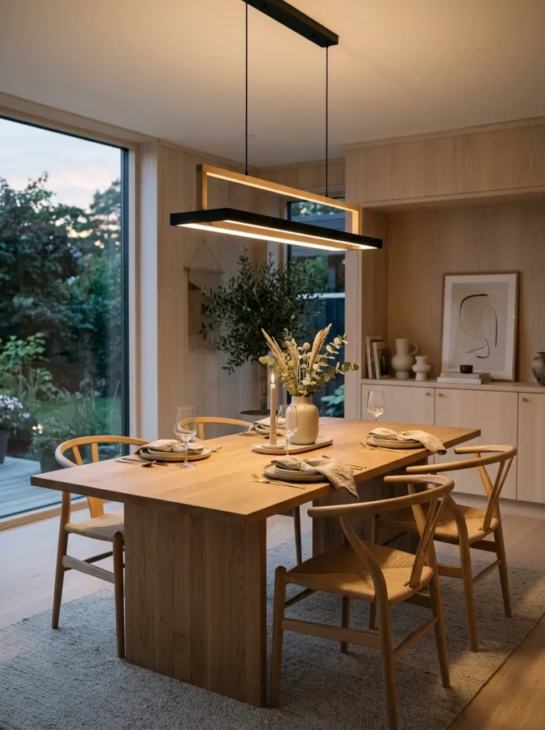 Elegant minimalist dining room light fixture above a modern wooden dining table