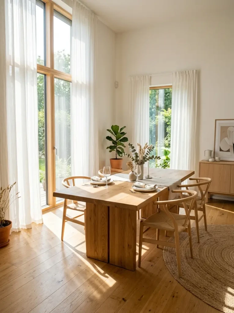 Bright minimalist dining room with large windows and soft natural sunlight