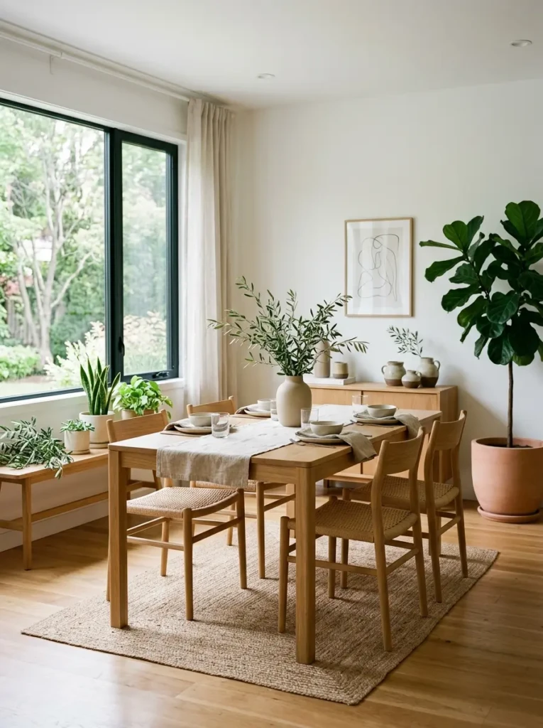 Modern minimalist dining room with indoor plants and fresh natural decor