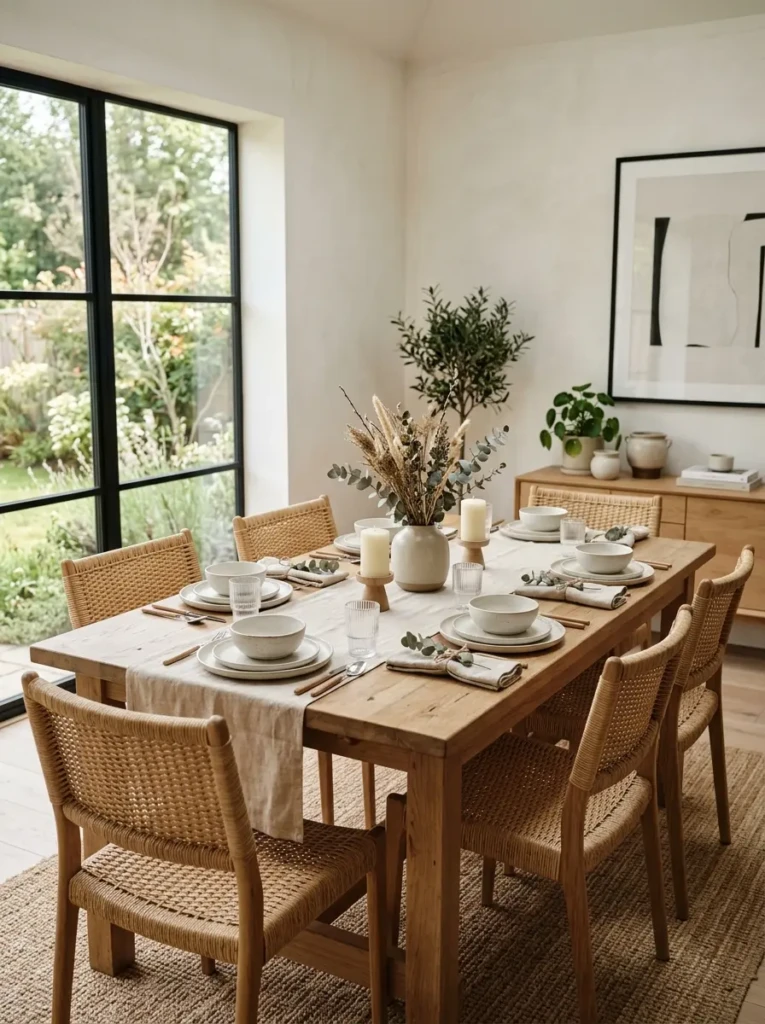 Wooden dining table, linen runner, ceramic dinnerware, and woven textures in a minimalist dining room