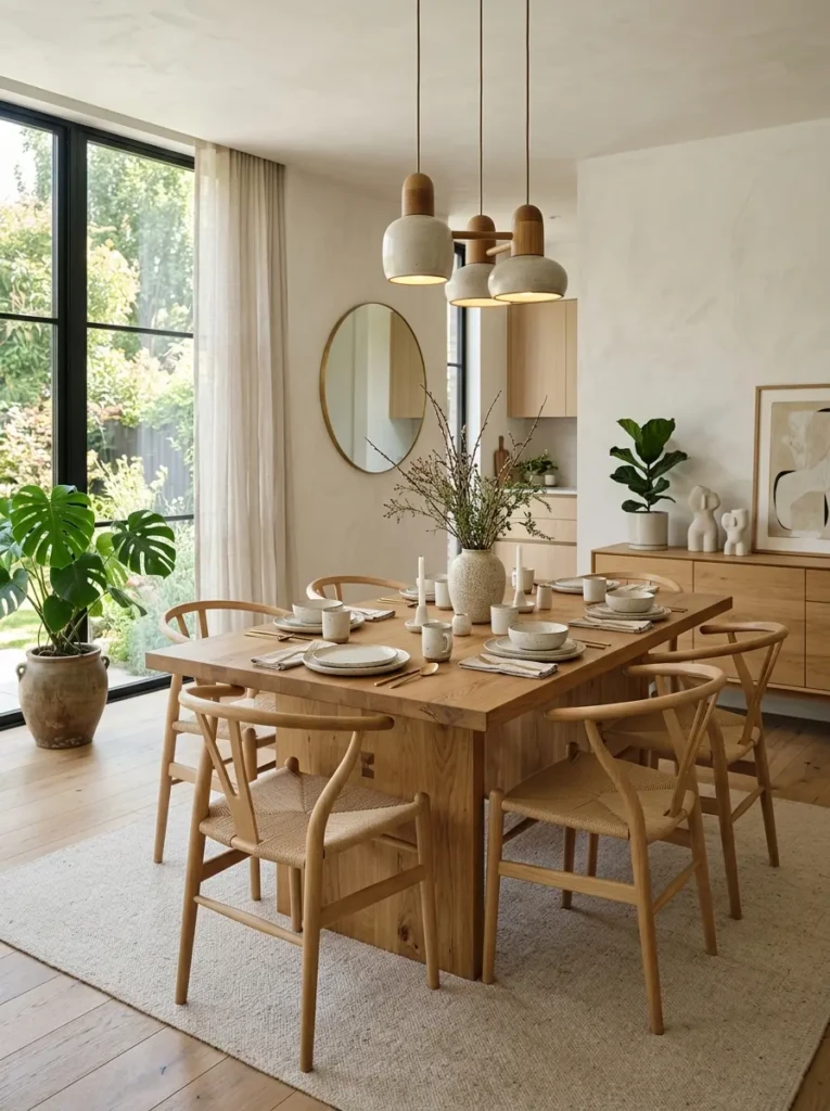 Elegant minimalist dining room with modern pendant lighting, wooden table, and Scandinavian decor