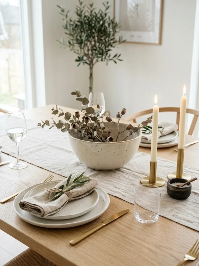 Minimalist dining table decorated with ceramic bowl, candles, and neutral tableware