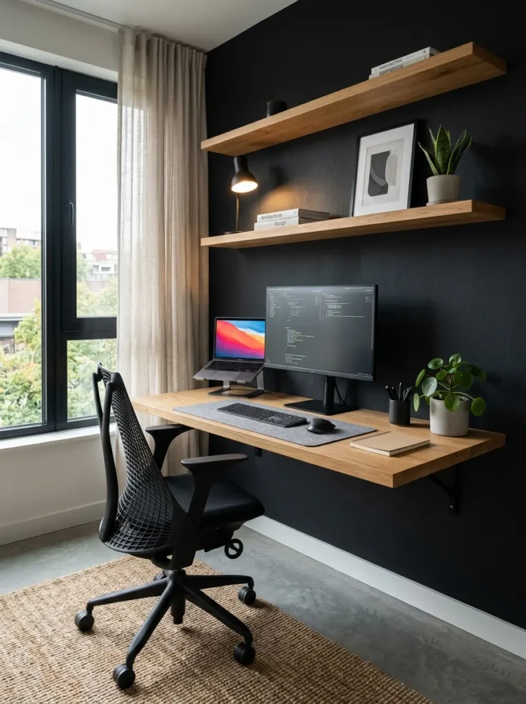 Modern home office designed with black minimalist wallpaper, floating desk, and clean Scandinavian styling.