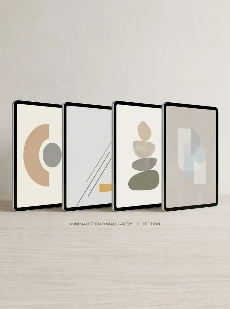 Collection of minimalist iPad wallpapers with abstract shapes, geometric designs, and neutral colors