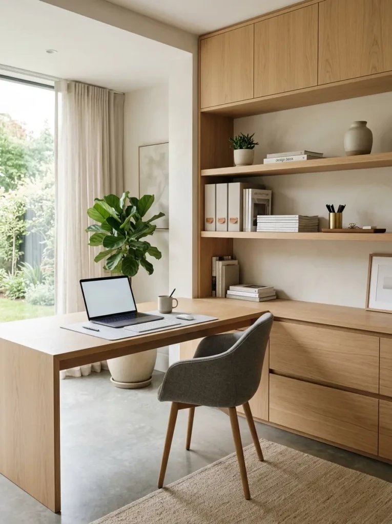 Minimalist desk with hidden storage, floating shelves, and organized office supplies