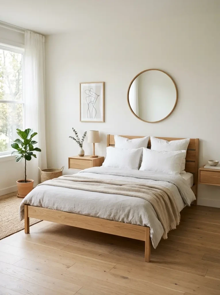 Simple wooden furniture in a colorful minimalist bedroom with clean Scandinavian design