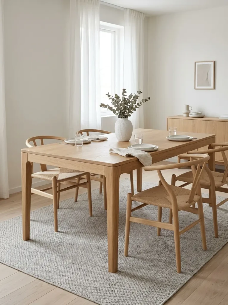 Modern wooden dining table in a stylish minimalist dining room with Scandinavian design