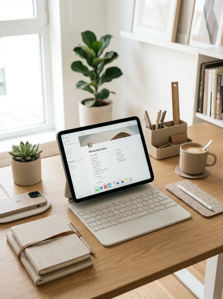 Minimalist workspace with iPad, Apple Pencil, keyboard, and neutral desk accessories