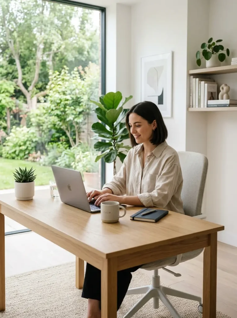 Peaceful minimalist workspace promoting productivity and stress-free organization