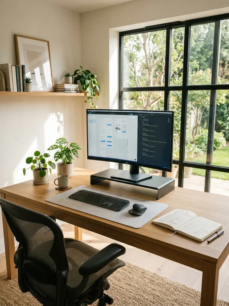 Simple minimalist desk with clean lines, wooden surface, and modern workspace styling