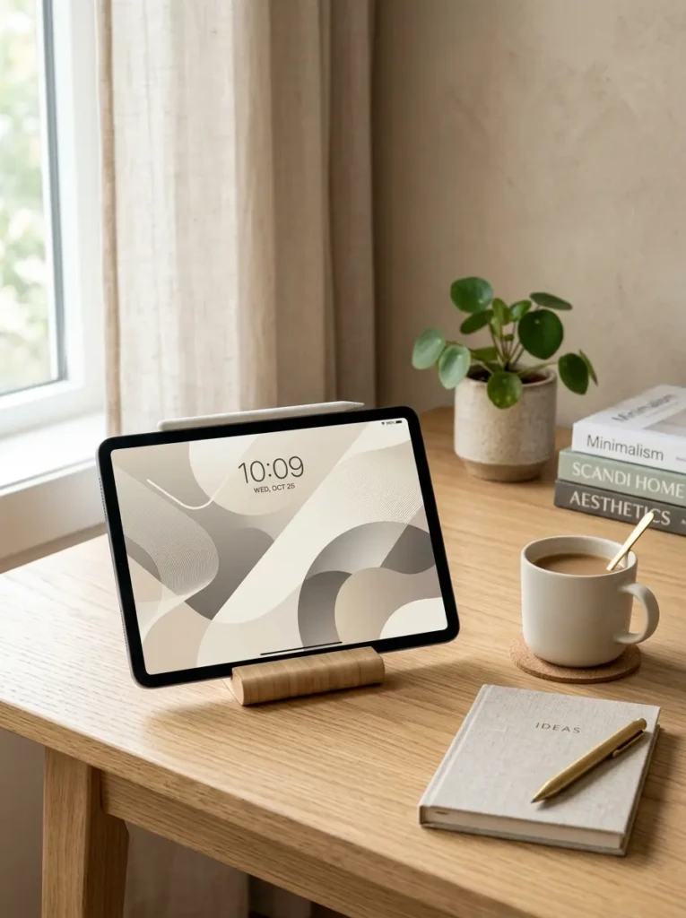 iPad displaying a minimalist wallpaper on a modern desk with neutral decor and natural lighting