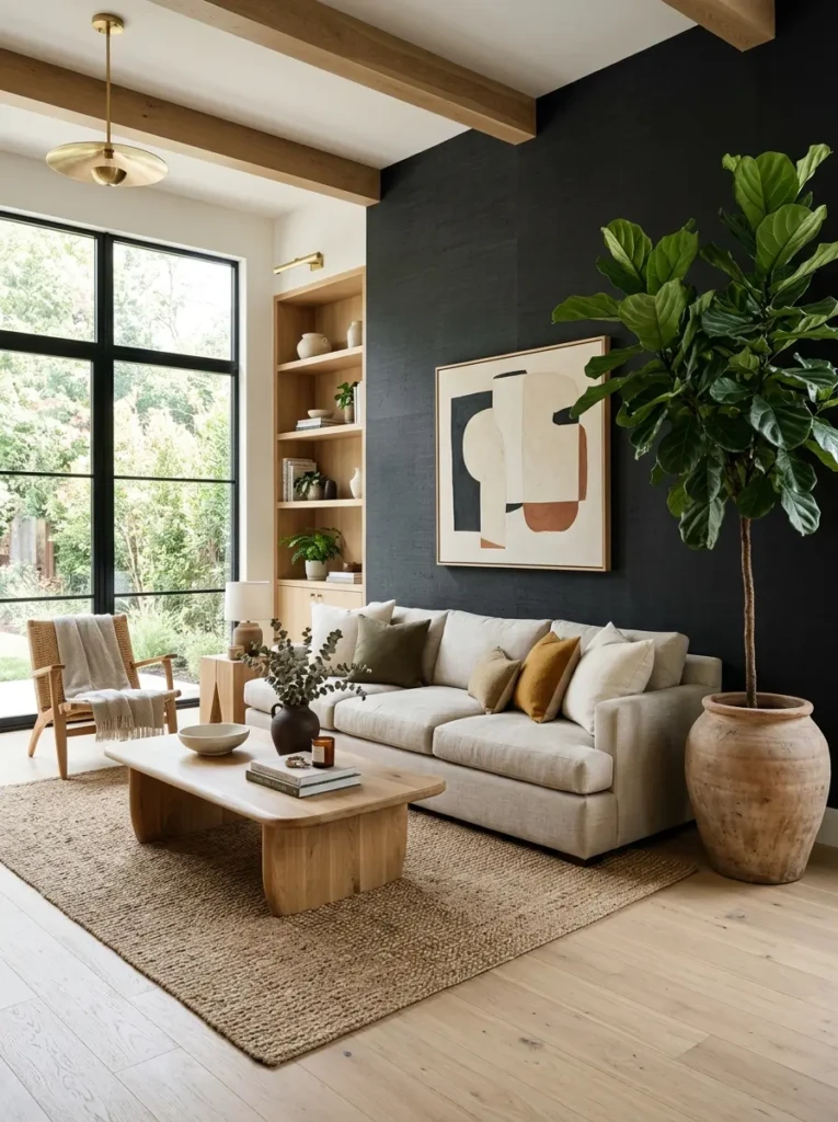 Modern living room combining black minimalist wallpaper with white walls, gray furniture, and minimalist styling.