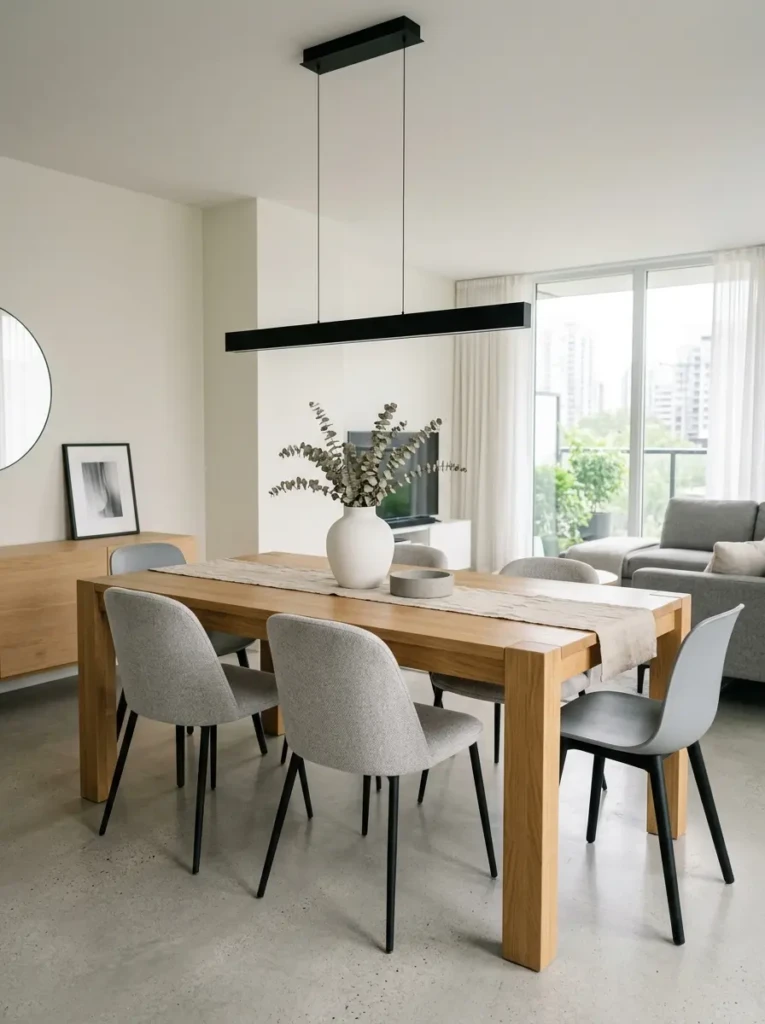 Modern minimalist dining room with clean lines, simple furniture, and uncluttered layout