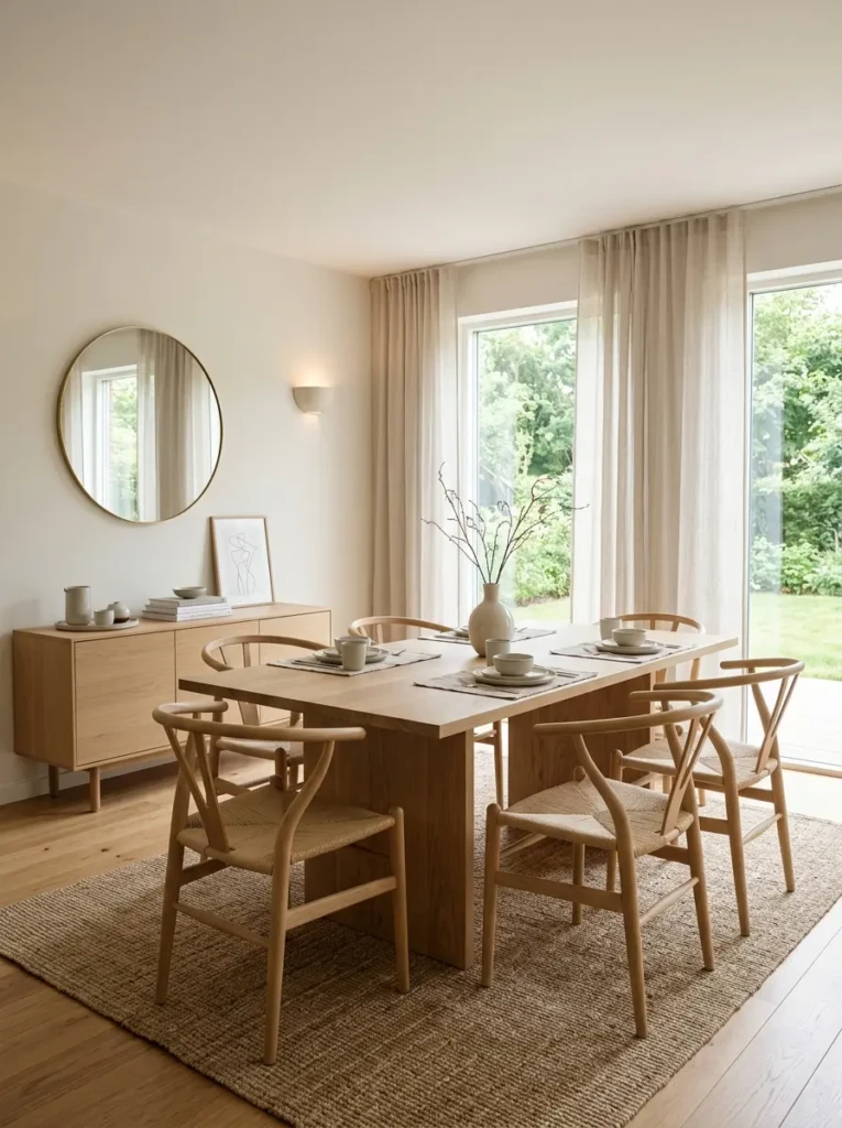 Peaceful minimalist dining room with timeless furniture and warm neutral colors