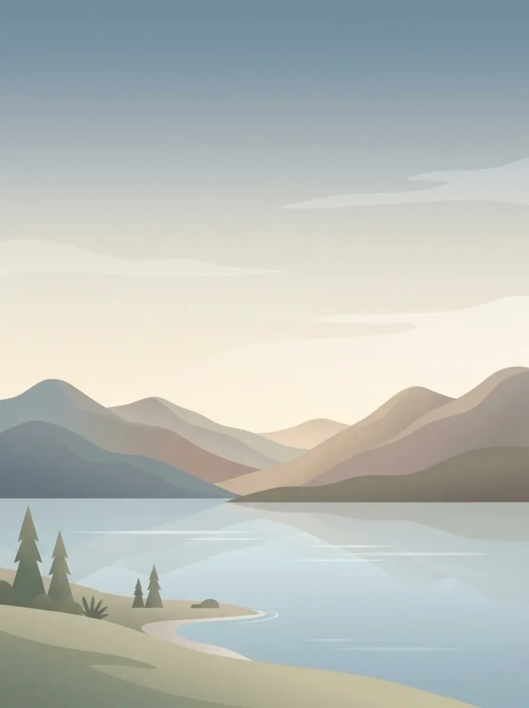 Minimalist iPad wallpaper featuring peaceful mountains, lake, and soft natural scenery