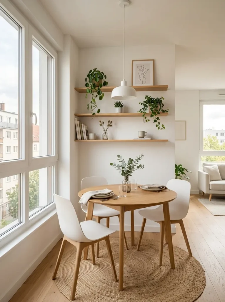 Compact minimalist dining room with round table and space-saving furniture