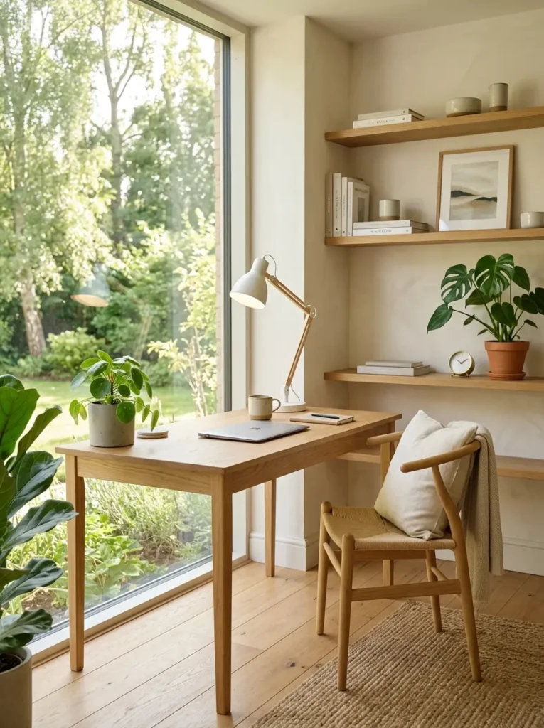 Stylish minimalist desk decor ideas with a small plant, ceramic accessories, and framed art