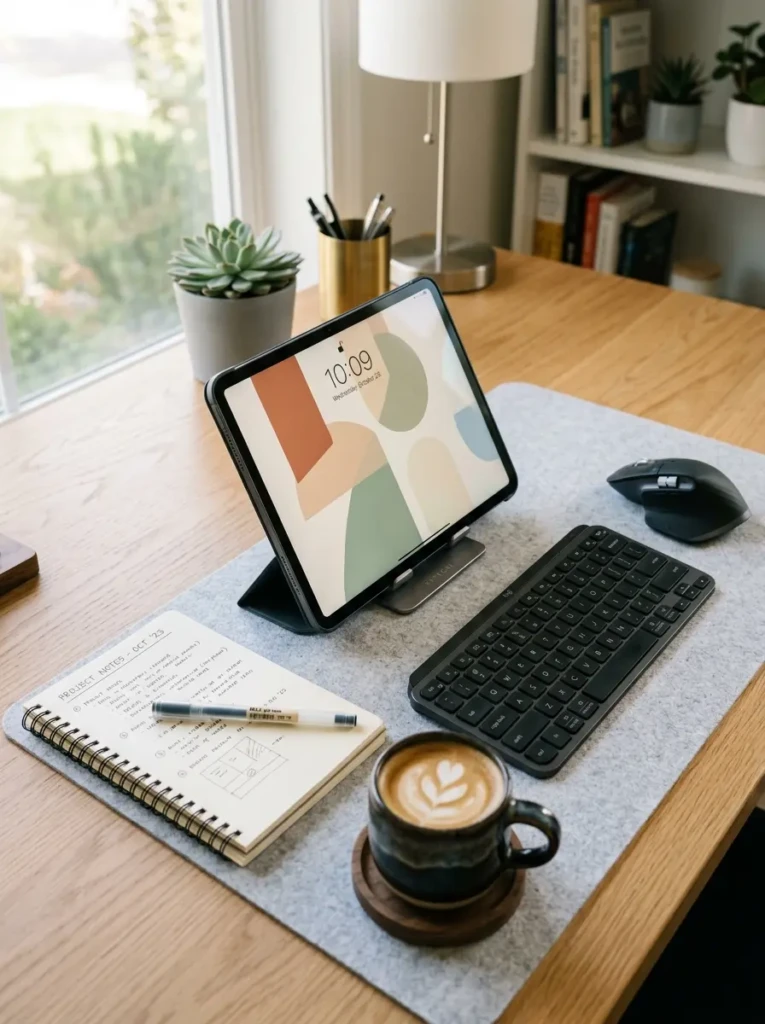 iPad with a neutral beige minimalist wallpaper creating a clean and elegant home screen