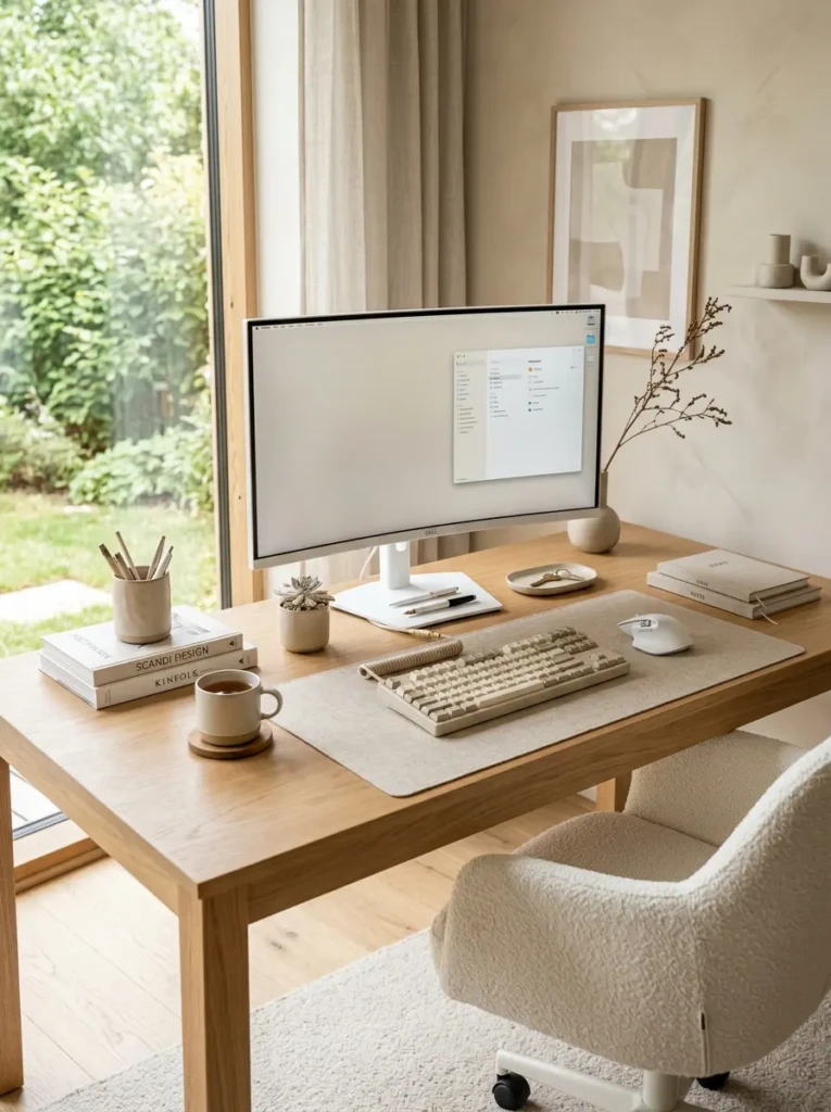 Minimalist desk aesthetic featuring beige accessories, wood finishes, and clean design