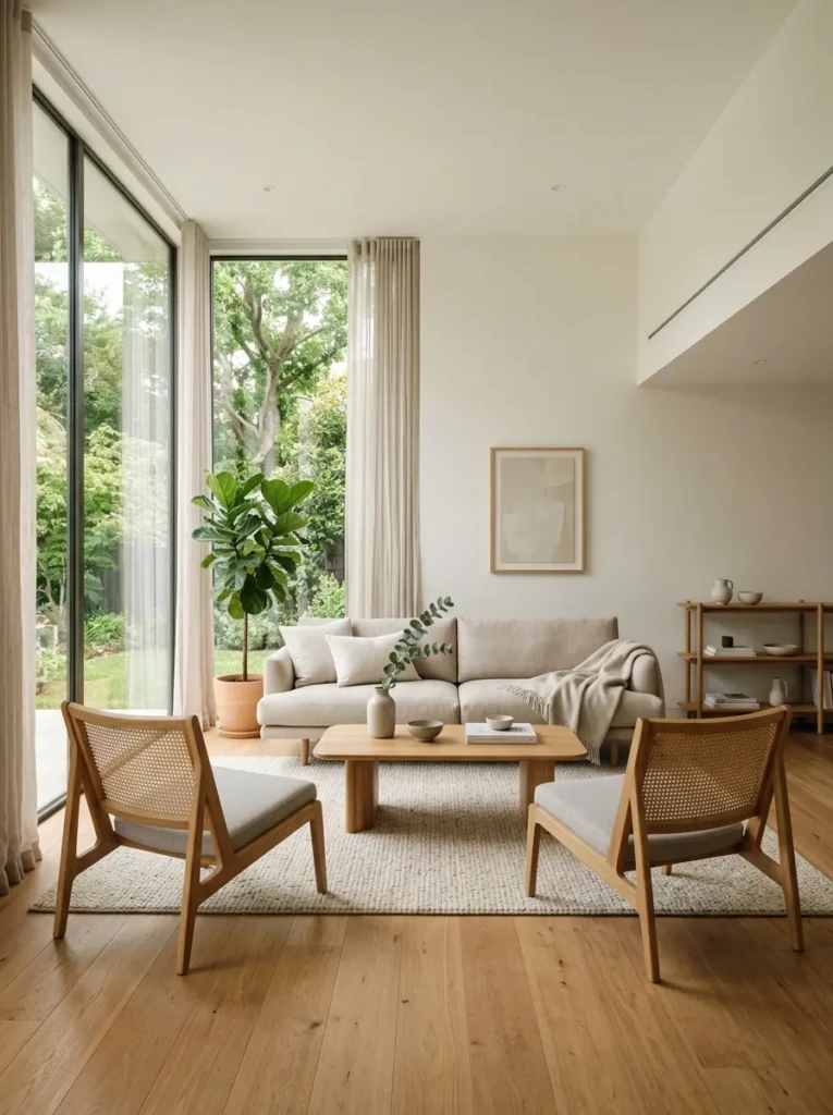 Well-planned minimalist living room layout with balanced furniture arrangement and open walking space.