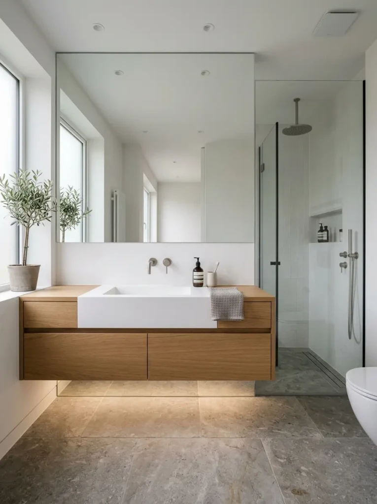 Minimalist bathroom featuring a floating oak vanity with integrated sink, hidden storage, and sleek contemporary styling.
